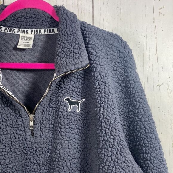 Pink Victorias Secret Gray Quarter Zip Pullover Jacket Sherpa - Picture 3 of 14